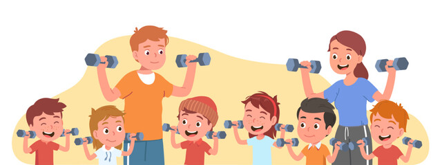 Sport coach man, woman people training kids group
