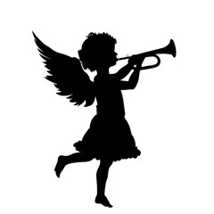 Silhouette of Christmas angel with trumpet - vector illustration - obrazy, fototapety, plakaty
