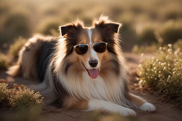 Obraz premium Funny Longhaired Collie in sunglasses