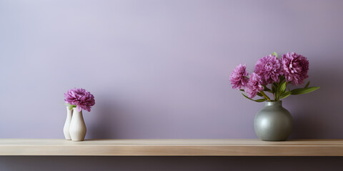 Mock up shelf background with purple peonies in vase, product presentation concept 