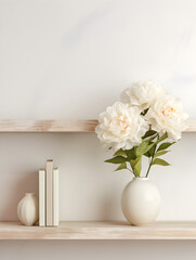 Mock up shelf background with white peonies in vase, product presentation concept 