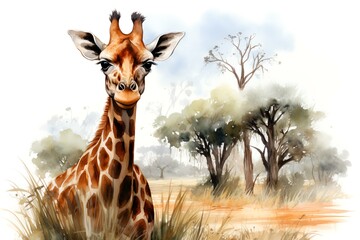 Hand-drawn watercolor giraffe isolated on white - obrazy, fototapety, plakaty
