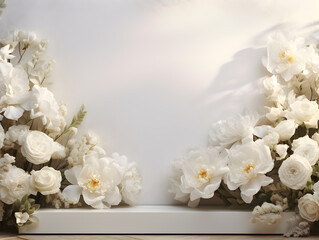 Fototapeta na wymiar Floral peonies mock up background with white podium pedestal for products