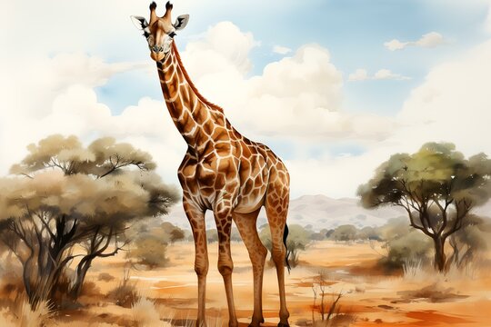 Hand-drawn watercolor giraffe isolated on white