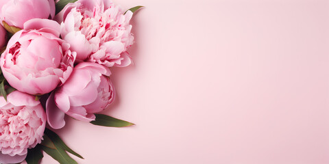 Pink peonies on pink background with copy space for text