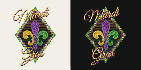 Rhombus carnival Mardi Gras label with text. Fleur de Lis sign with mosaic of beads on striped background. For prints, clothing, plate, apparel, t shirt, surface design © OA_Creation