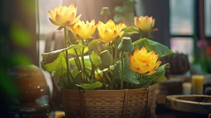 Beautiful yellow lotus in a basket on the windowsill. Lily flowers blooming on pond. Yoga Concept. Springtime concept with copy space.