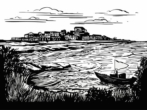 A Boat On The Water - ink stamp based on a painting of Caloundra.