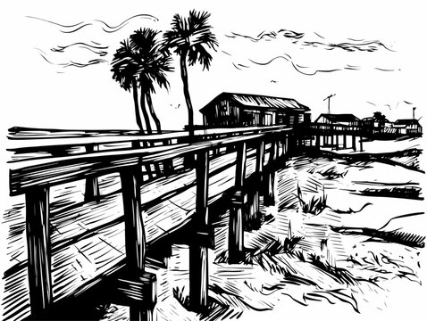 A Black And White Drawing Of A Pier With Palm Trees - ink stamp based on a painting of Caloundra.