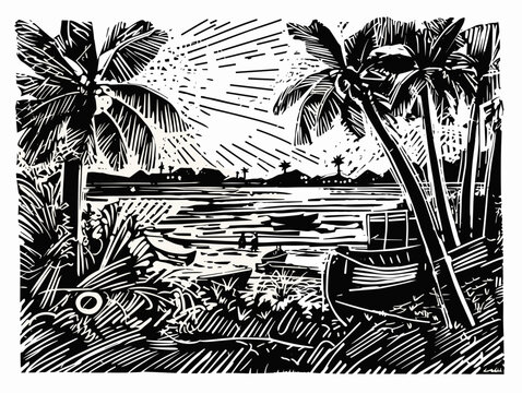 A Black And White Drawing Of A Beach With Palm Trees - ink stamp based on a painting of Caloundra.