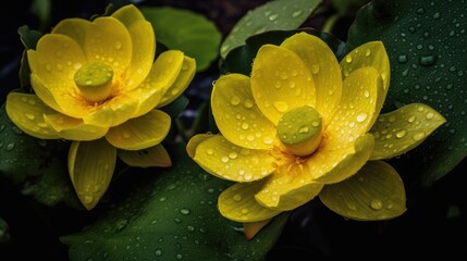 Water drop on yellow lotus flower with green leaf in the pond. Lily flowers blooming on pond. Yoga Concept. Springtime concept with copy space.