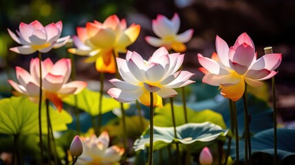 Lotus flower blooming in the pond. Lily flowers blooming on pond. Yoga Concept. Springtime concept with copy space.