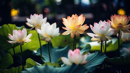 Lotus flower blooming in the pond. Lily flowers blooming on pond. Yoga Concept. Springtime concept with copy space.