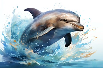 Watercolor Realistic Dolphin Animal Isolated on White Background