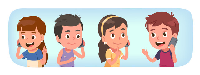 Kids talking on phone. Children talk on cell. Smiling girl, boy calling holding smartphone. Happy people taking call, gesturing, listening communication conversation flat vector character illustration