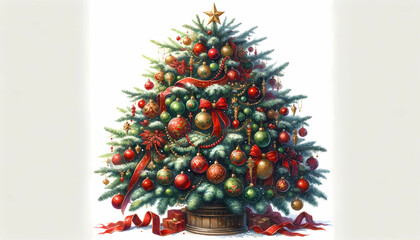 Christmas Aquarell Watercolor Illustration Tree decorated with red and gold card gift