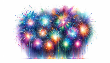 watercolor Aquarell  fireworks colorful on white background card new year 