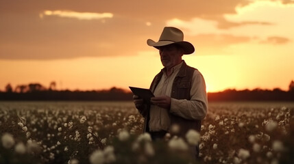 A male farmer in a cotton field. AI Generated - obrazy, fototapety, plakaty