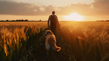 A farmer walks through a cornfield with his dog. AI Generated