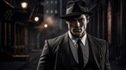  stylish male portrait, classic film noir style, mysterious atmosphere, copy space, 16:9