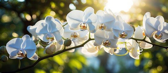 In the summer, amidst the vibrant colors of nature, a beautiful white orchid stands out like a...