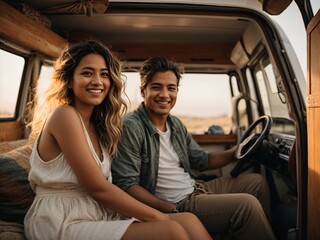 Snapshot of a man and woman relishing the freedom and adventure of van life, embodying the spirit of nomadic living in their recreational vehicle.