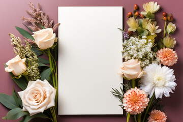 White blank copy space on the wall in a frame and flowers