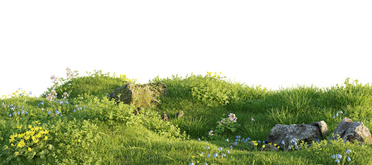 Verdant Hill Blooming with Yellow Flowers in Spring. 3D render. - obrazy, fototapety, plakaty