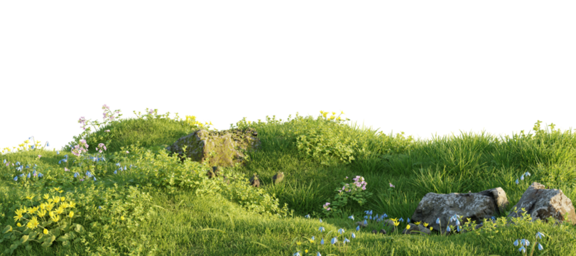 Verdant Hill Blooming with Yellow Flowers in Spring. 3D render.