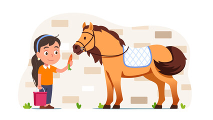 Equestrian girl taking care, feeding horse carrot