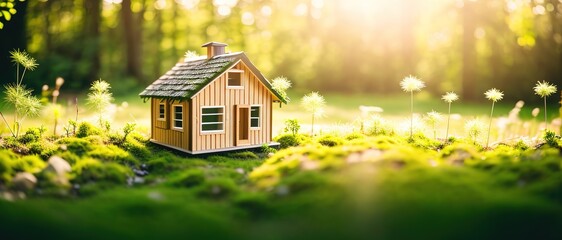 Wooden rural house model, real estate miniature in the meadow, new housing, young family, generative ai.