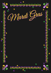 Vintage vertical rectangular frame made of spiral party streamers, ribbons, scattered beads, Fleur di Lis sign. For Mardi Gras holiday decoration. Template for menu, poster, invitation etc