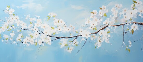 In the abstract painting, the white floral petals danced with the vibrant blue sky, reflecting the beauty of spring in nature's captivating display of growth on the tree, while the clouds formed a