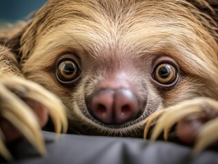 Fototapeta premium Close up portrait of a sloth. Detailed image of the muzzle. A wild animal in its natural habitat is looking at something. Curious look. Illustration with distorted fisheye effect for design.