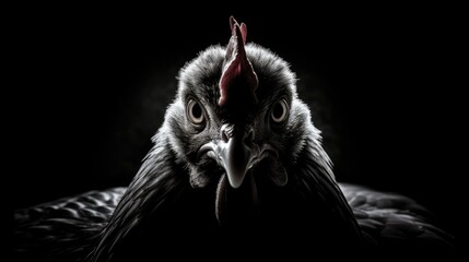 Close-up portrait of a rooster in monochrome style. The domestic bird is looking at something. Illustration for cover, card, postcard, interior design, decor or print. - obrazy, fototapety, plakaty