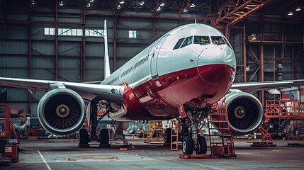 The airplane is in the hangar for maintenance. Illustration for cover, card, postcard, interior design, banner, poster, brochure or presentation.