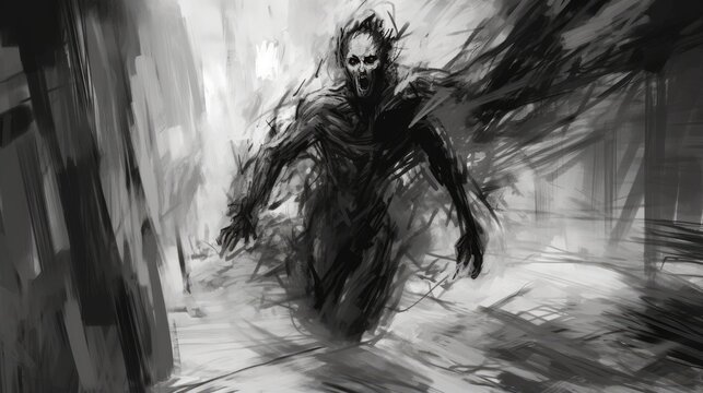 A black and white horror-themed drawing. A terrifying image of an evil creature.