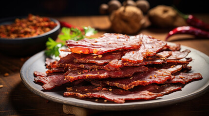 Close up view of beef jerky pieces on a wooden table. Top view.