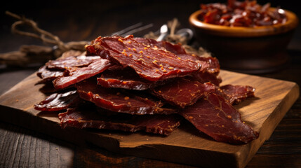 Close up view of beef jerky pieces on a wooden table. Top view.