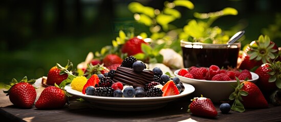 In summer, amidst the vibrant colors of nature, a beautiful table was adorned with a colorful array of fruits and healthy food. The red strawberries, luscious chocolate, and a variety of plants