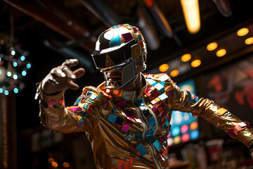 Man dancing in disco. Man dressed in Futuristic Silver Suit. Robot suit.