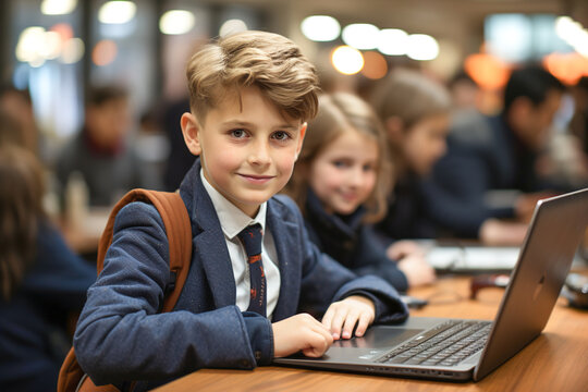 Young students sitting at a table with a laptops. Learning coding and programming.