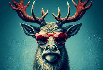 Gordijnen Christmas reindeer in sunglasses. AI Generated ©  iiulia