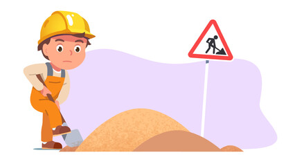 Builder man working at highway construction site