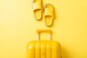Vacation vibes captured: Overhead shot of a vibrant yellow suitcase, and rubber flip-flops on a sunlit yellow backdrop. Perfect for your travel-inspired message
