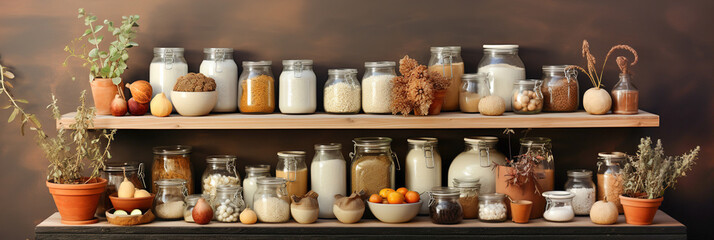 A kitchen white wall with shelves topped with lots of bottles, bowls and jars with spices and products