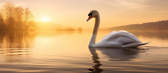 peaceful spring morning, the gentle waves of the tranquil lake danced under the golden sun as a beautiful swan gracefully glided through the water, showcasing the elegance of this big white bird.