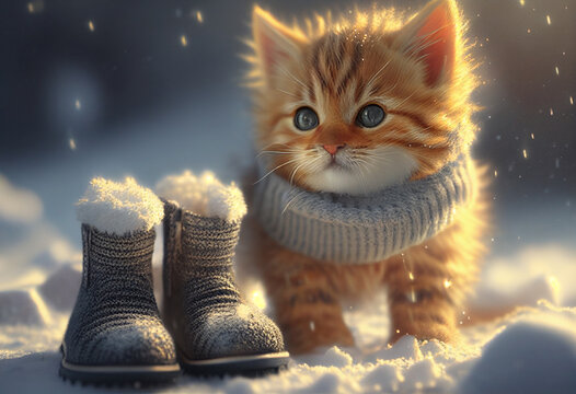 The kitten is standing next to the knitted shoes. AI Generated