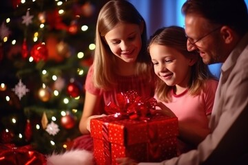 Fototapeta na wymiar happy family with Merry Christmas magic gift near tree at evening at home