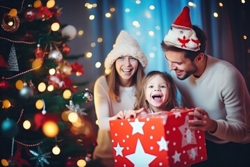Fototapeta na wymiar happy family with Merry Christmas magic gift near tree at evening at home